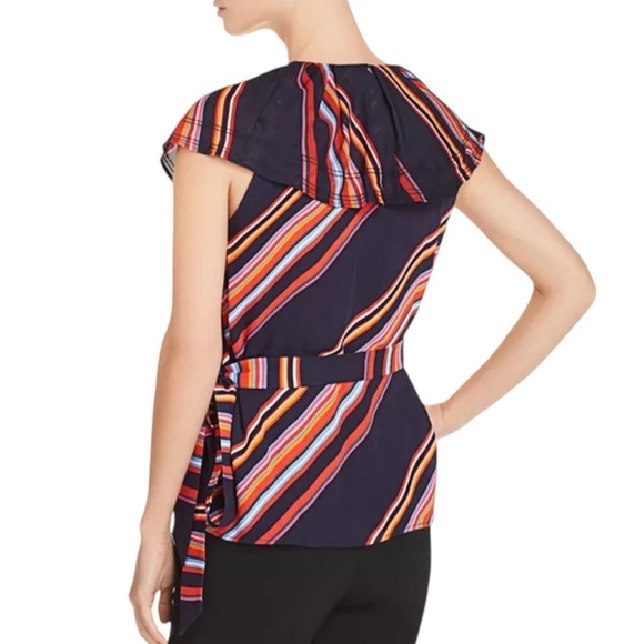 Tory Burch Adelia Top NWT Wrap Silhouette Allover Stripe Ruffle Blouse - Picture 2 of 9